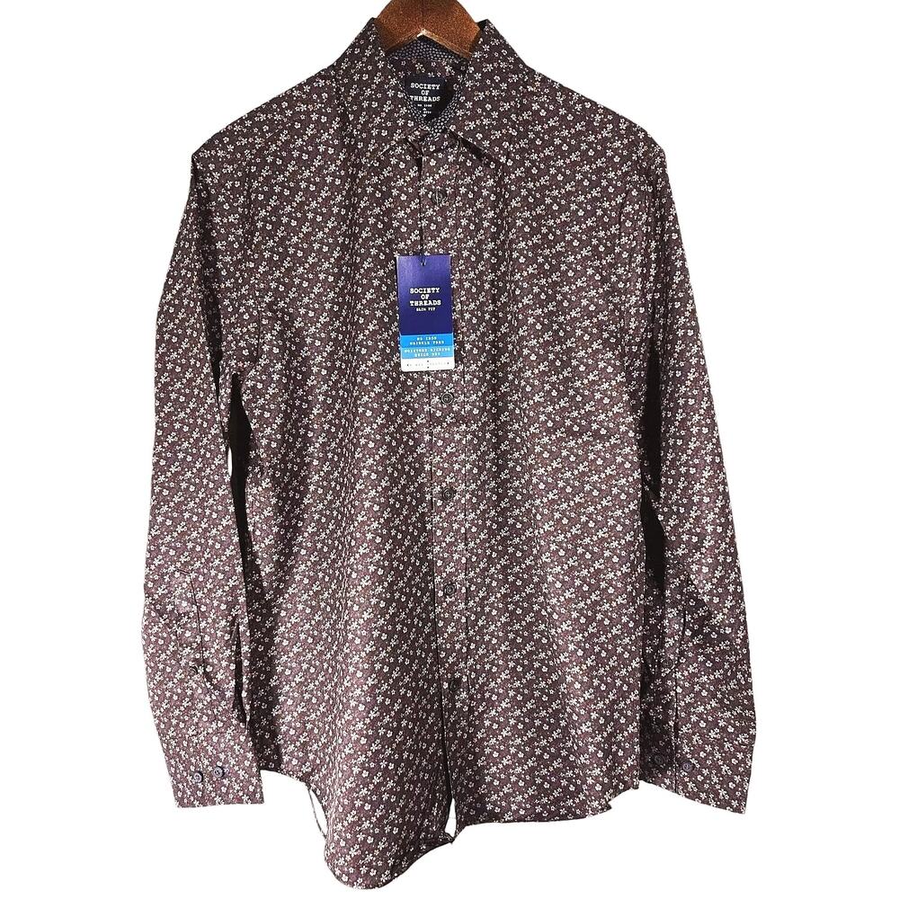 NWT Society of Threads No Iron Stretch Brown Floral Shirt M